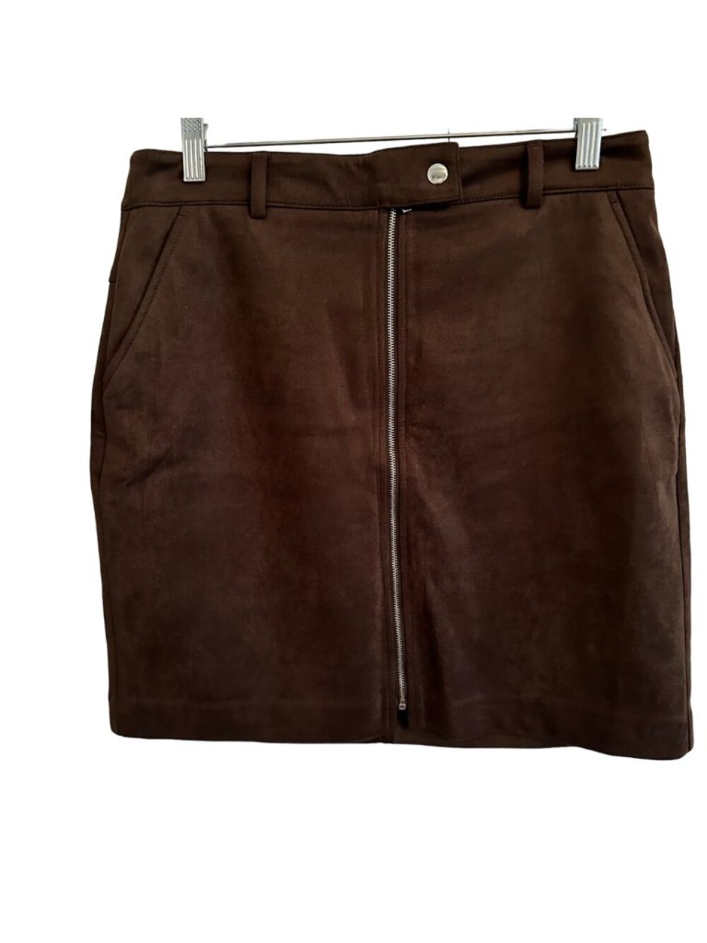 APT 9 Brown Faux Suede Mini Skirt Front Zipper Slash Pockets SZ S Y2K Cowgirl - Picture 2 of 15
